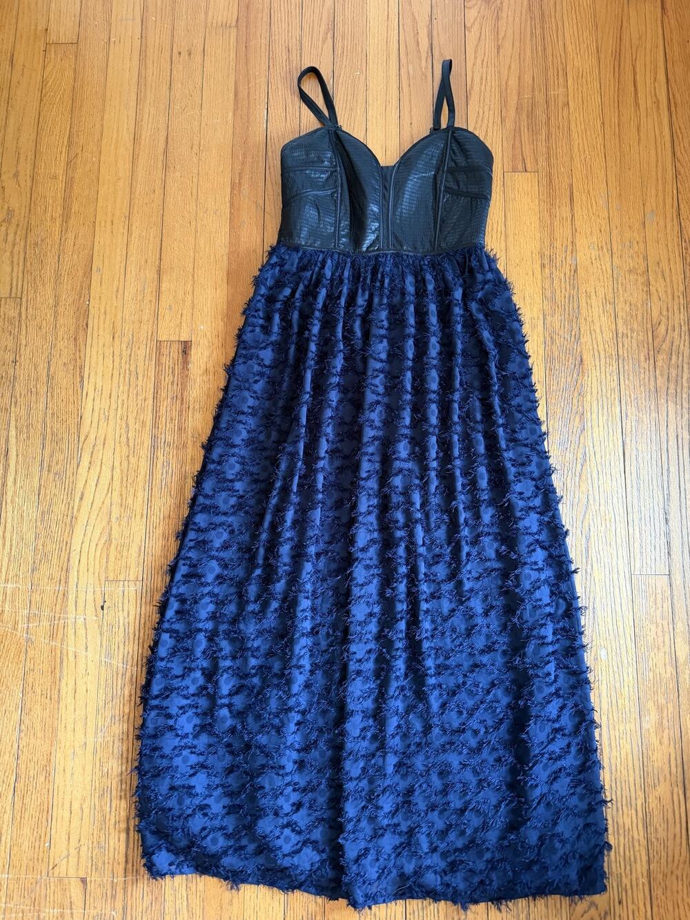 Current Air Dress Womens Small Blue Faux Leather Bodice Textured Maxi Fit Flare